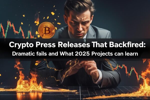 Crypto Press Releases That Backfired: Dramatic Fails and What 2025 Projects Can Learn Man in a suit looking stressed amid falling crypto charts and flames, symbolizing a crypto press release failure.