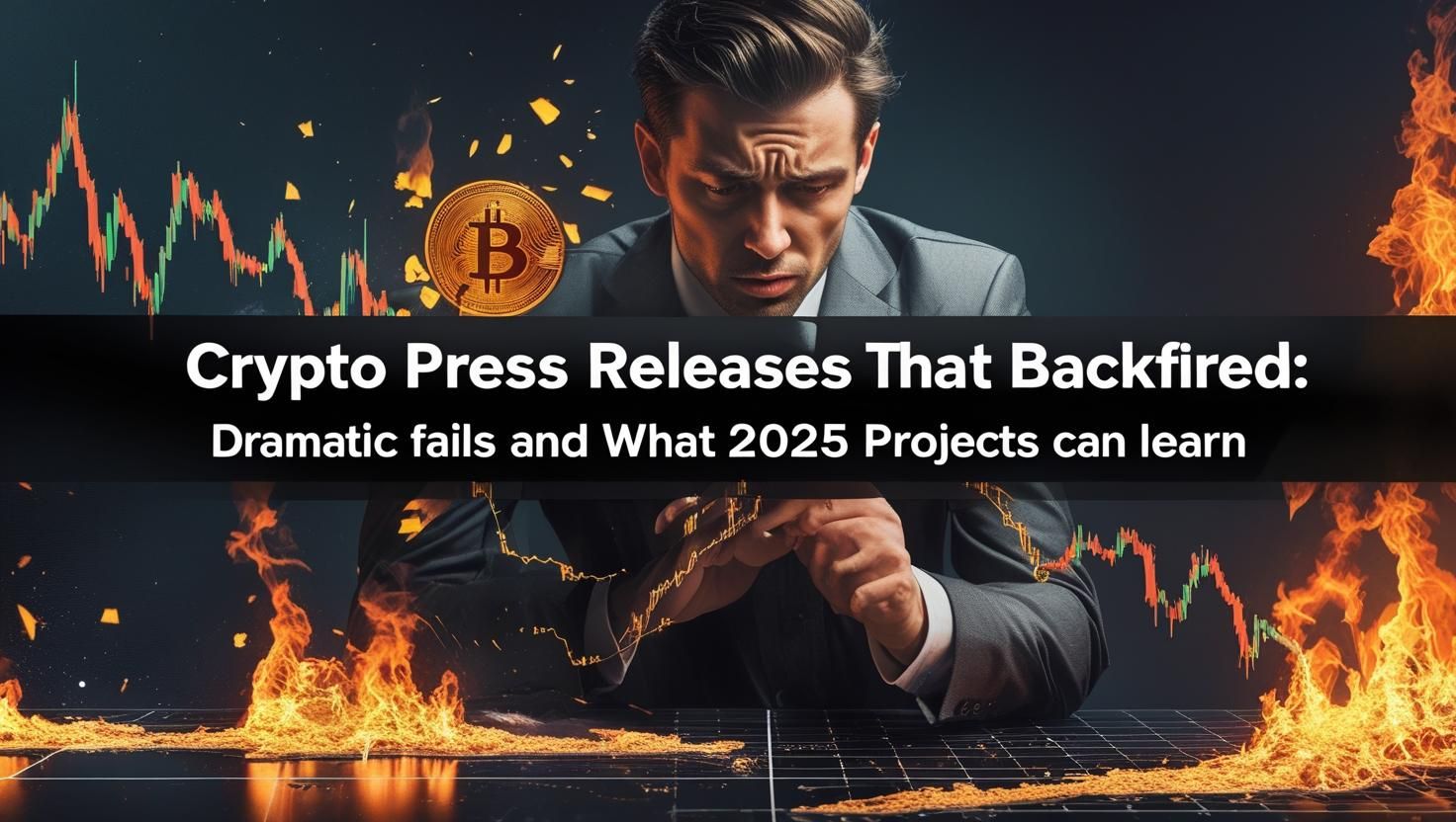 Man in a suit looking stressed amid falling crypto charts and flames, symbolizing a crypto press release failure.